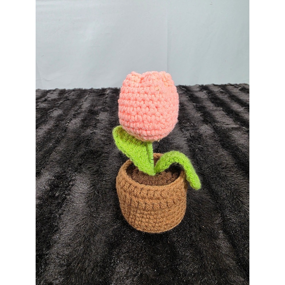 Handmade Crochet Potted Tulip Pink Flower Amigurumi Home Decor Gift